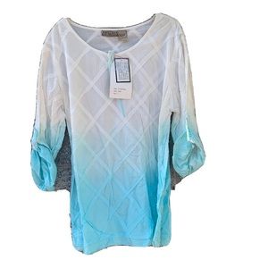 Art And Soul Women’s Hombre White To Turquoise Shirt, Size Large, 3/4 Sleeve NWT